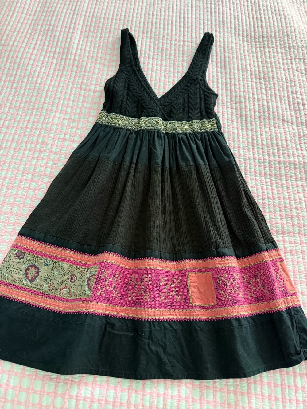 Free People Black Midi Dress with Pink Embroidered Border